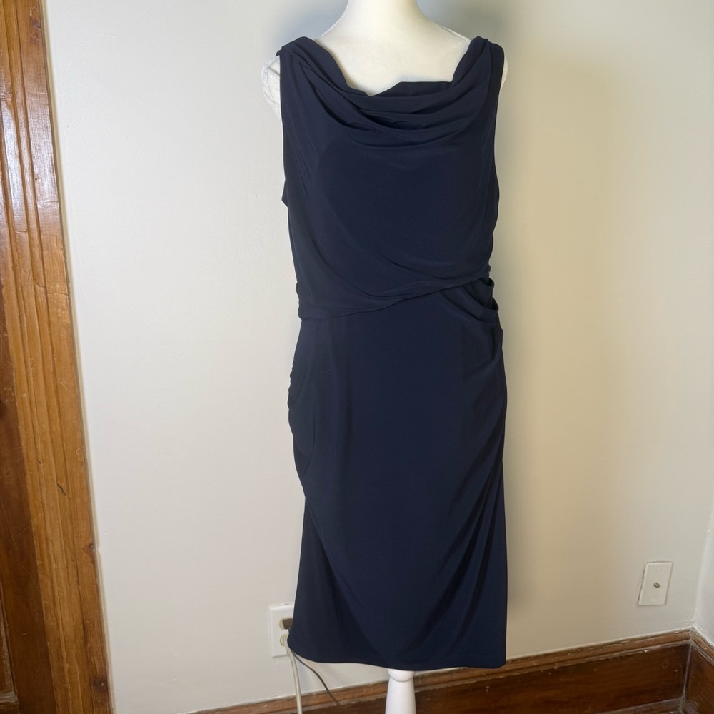 Vera Wang Sleeveless Navy Blue Cowl Neck Ruched Waist Knee Length Dress Size 10 - Picture 3 of 7